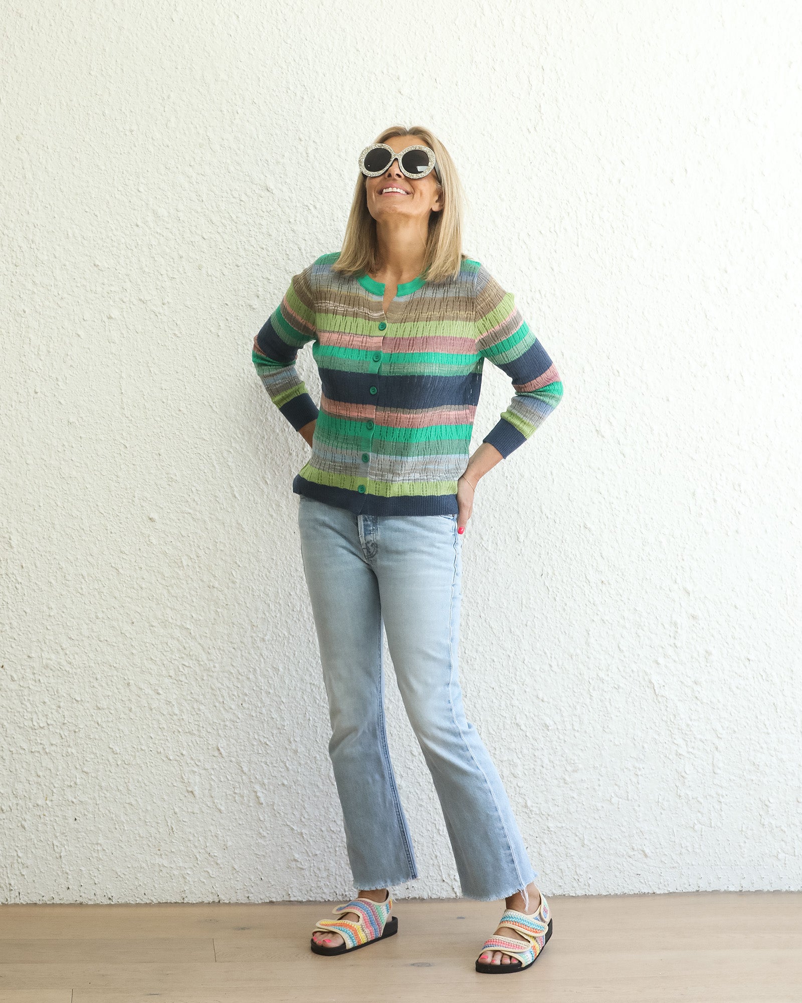 Breezy Stripe Rib Long Sleeve Cardigan - Greens