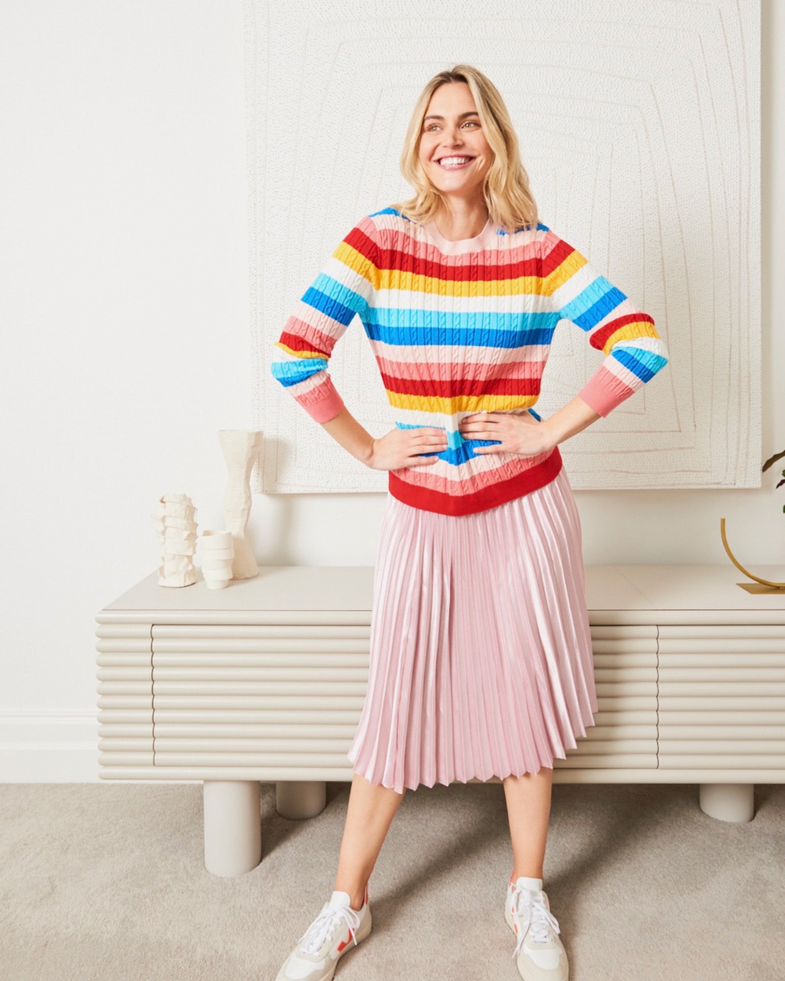 Pale Pink Metallic Waistband Pleated Skirt