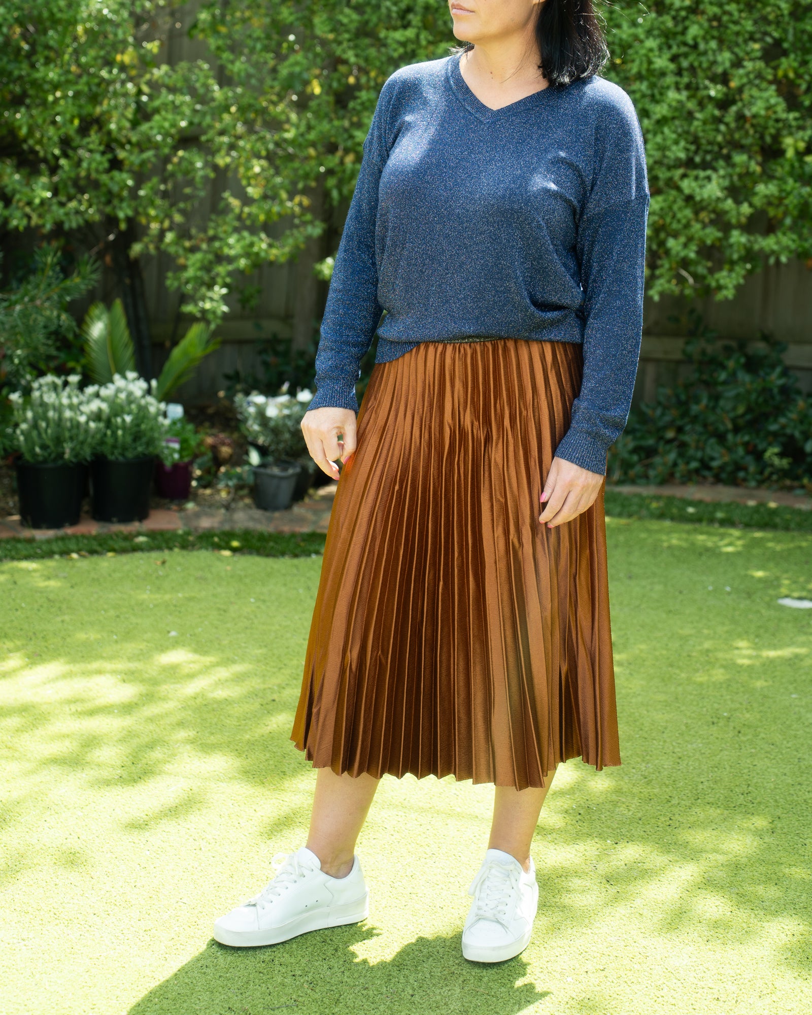 V Neck Lurex Long Sleeve - Navy