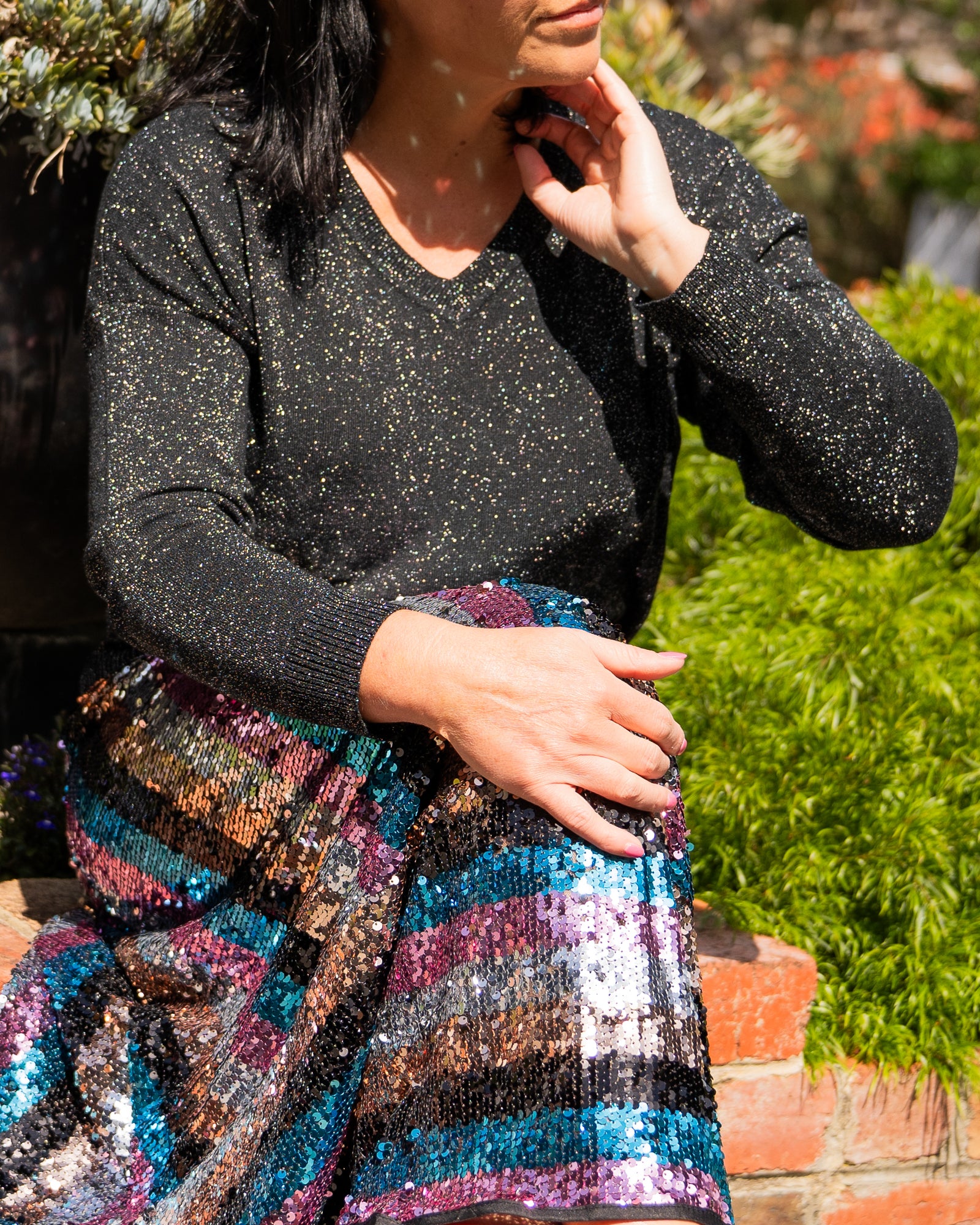 V Neck Lurex Long Sleeve - Black