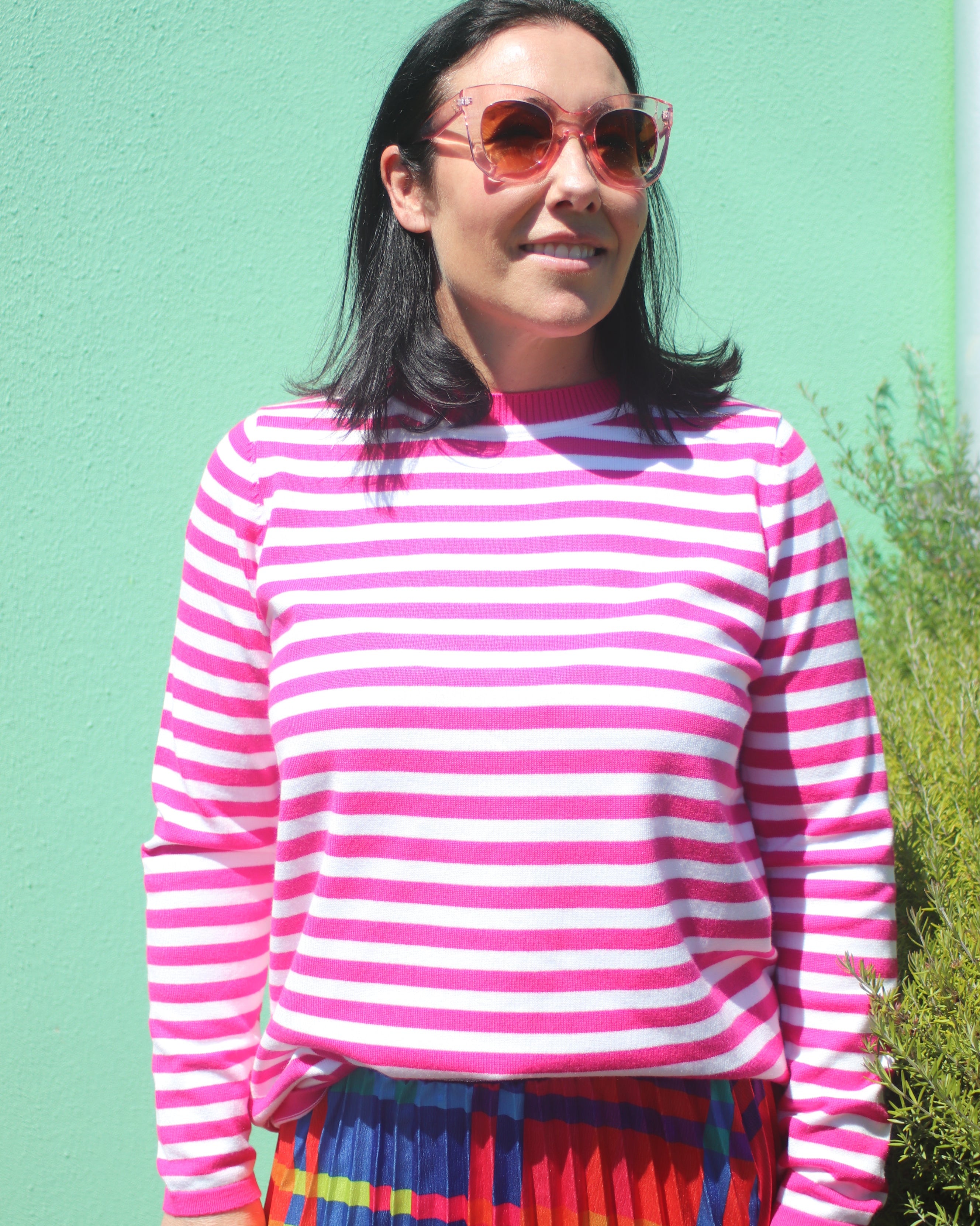 Lucky Stripe Knit Jumper - Hot Pink and White
