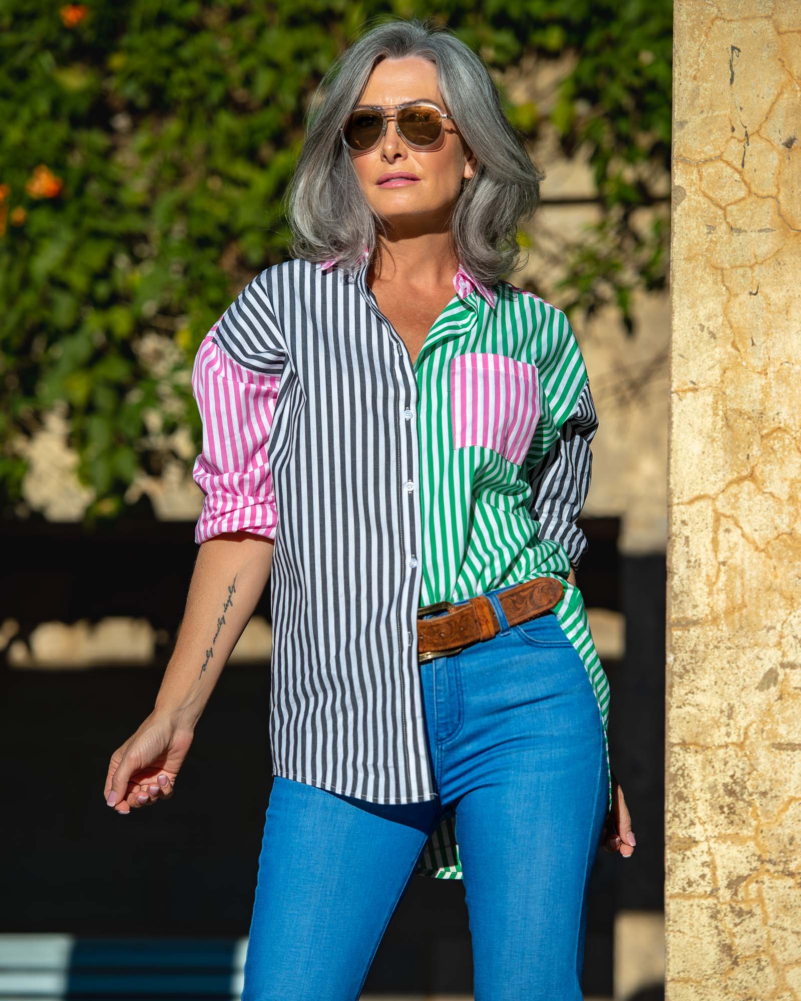 Oversized Stripe Boyfriend Shirt - Black, Green and Pink