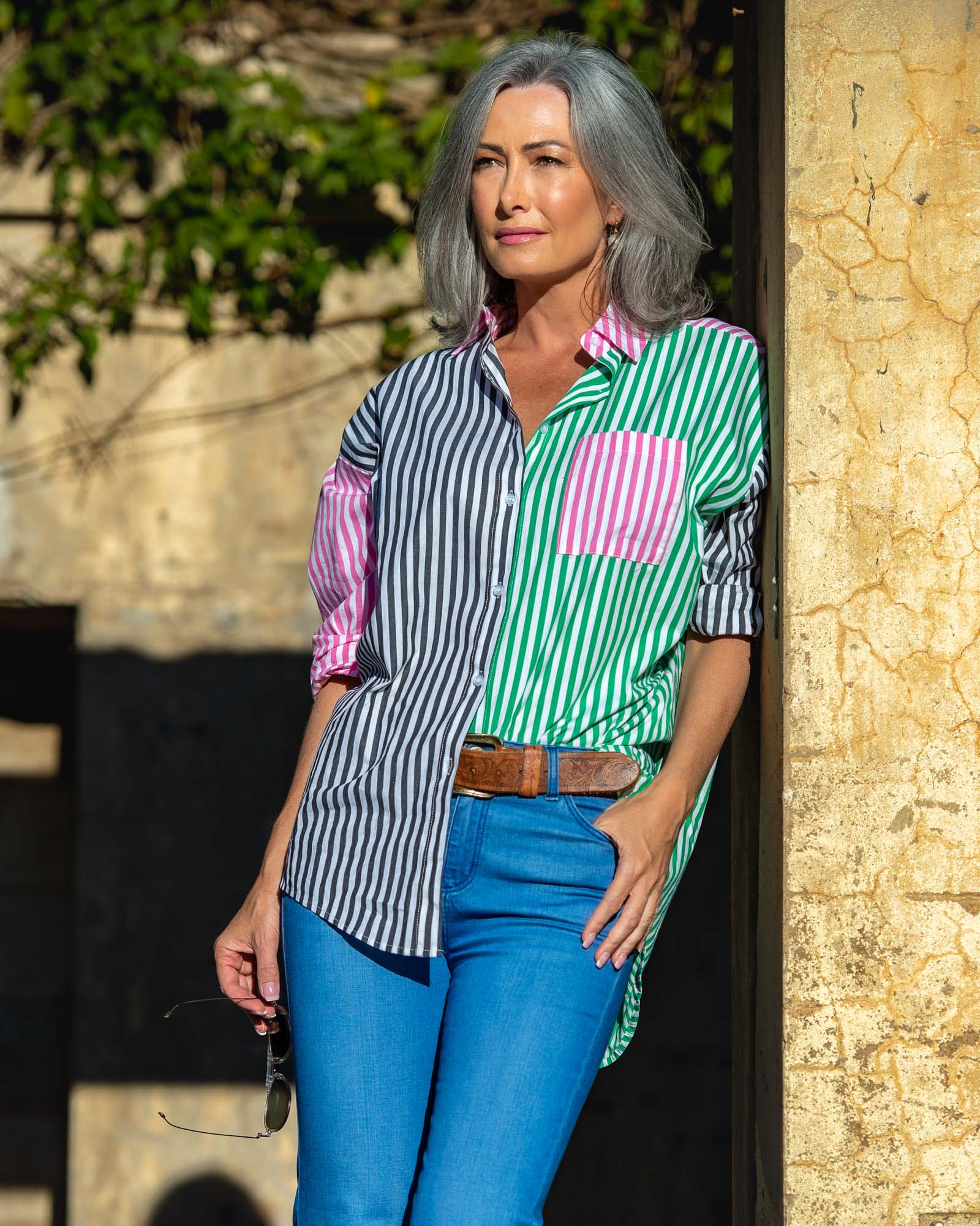 Oversized Stripe Boyfriend Shirt - Black, Green and Pink