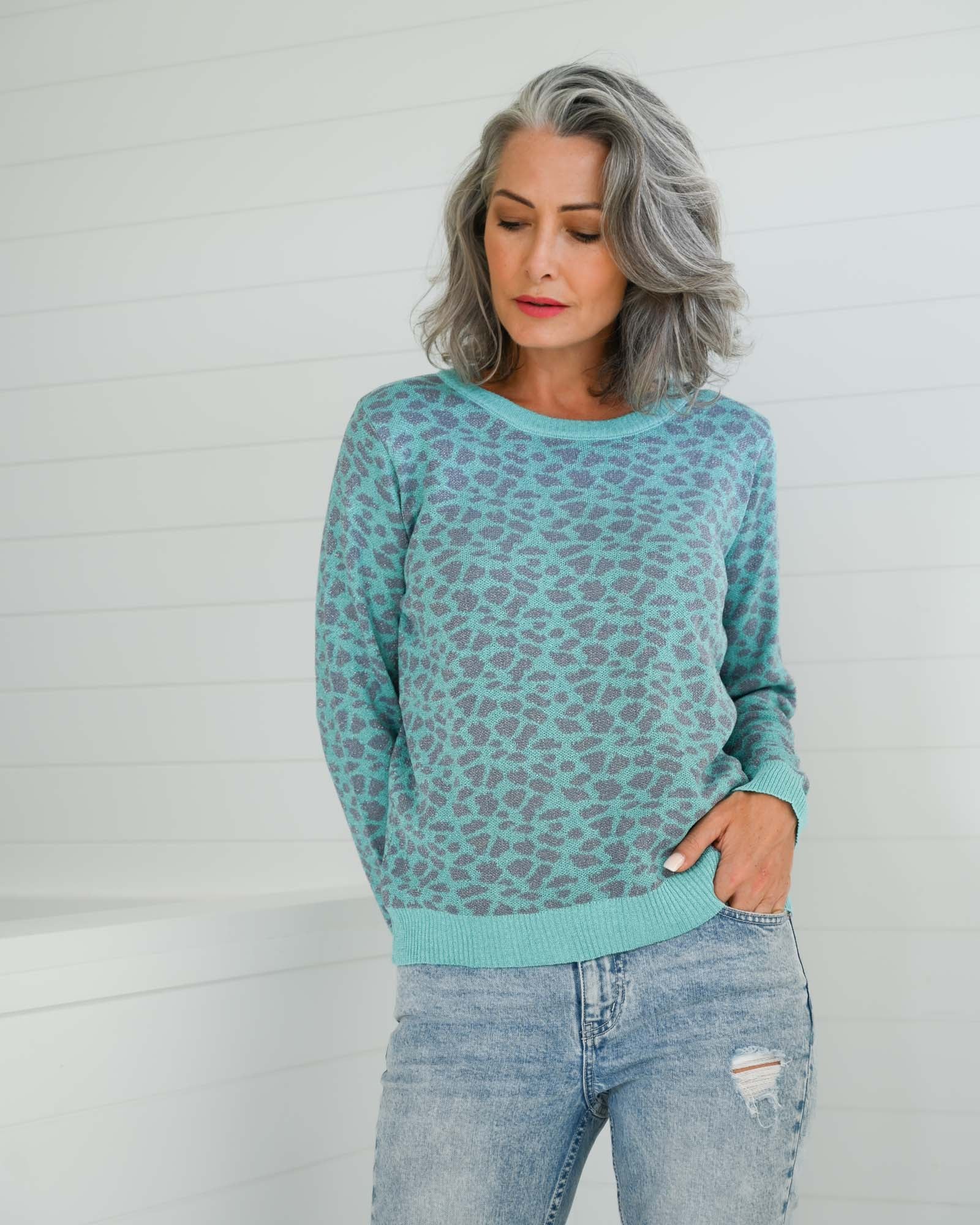Animal Lurex Knit Jumper - Aqua