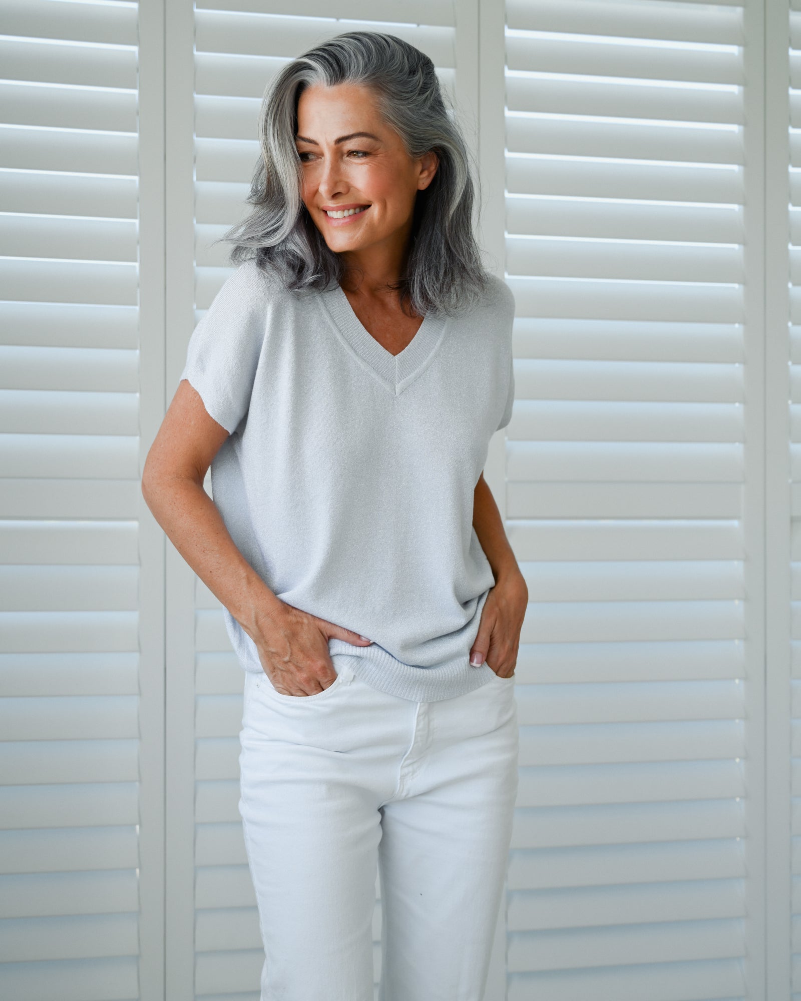 V-Neck Short Sleeve Lurex - Silver