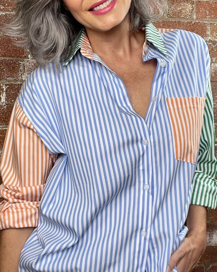 Oversized Stripe Boyfriend Shirt - Blue, Green and Orange