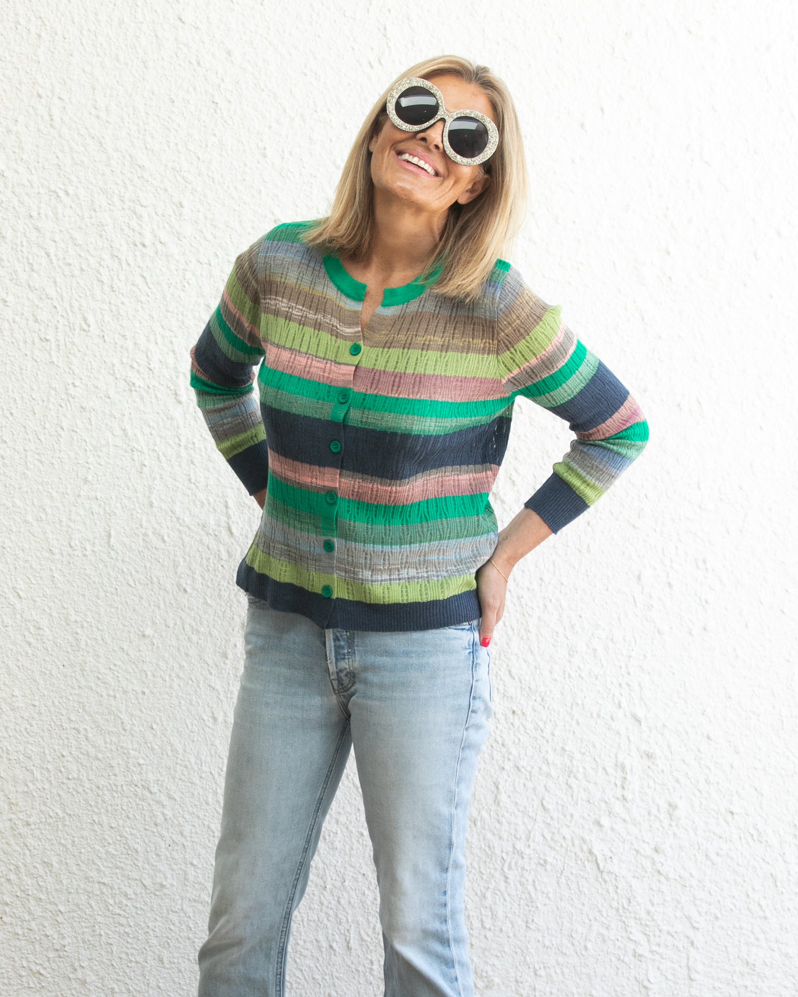 Breezy Stripe Rib Long Sleeve Cardigan - Greens
