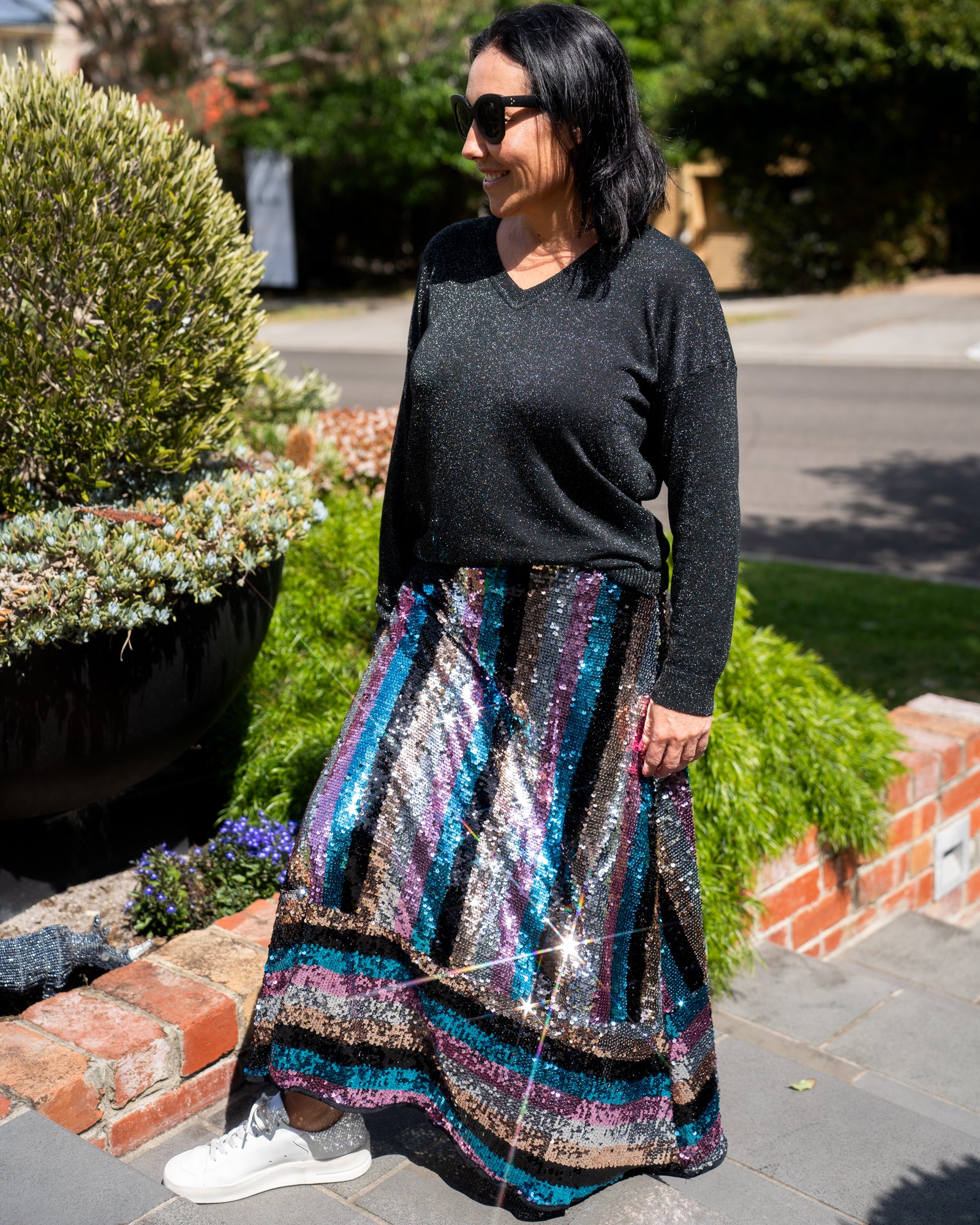 V Neck Lurex Long Sleeve - Black