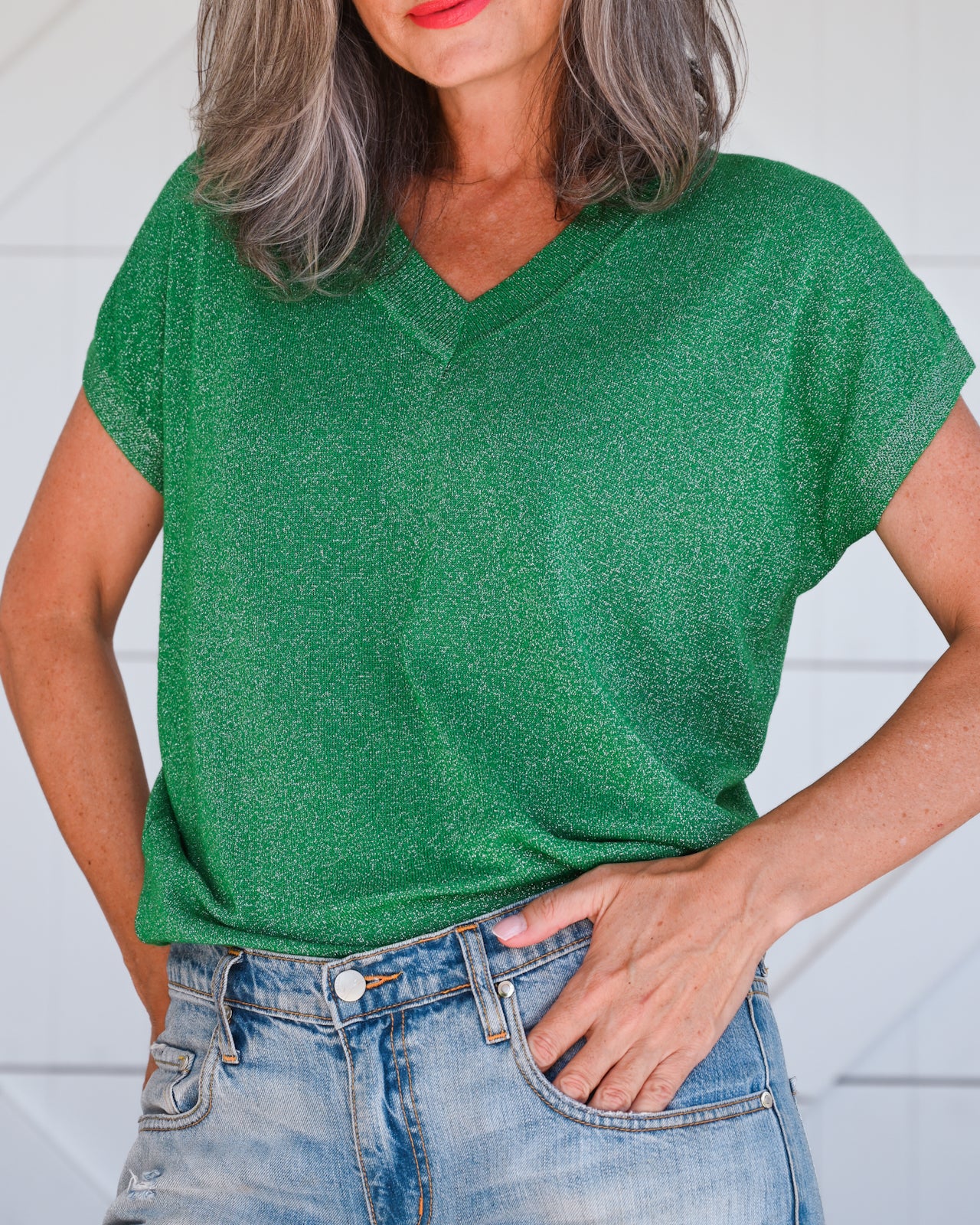 V-Neck Short Sleeve Lurex - Emerald